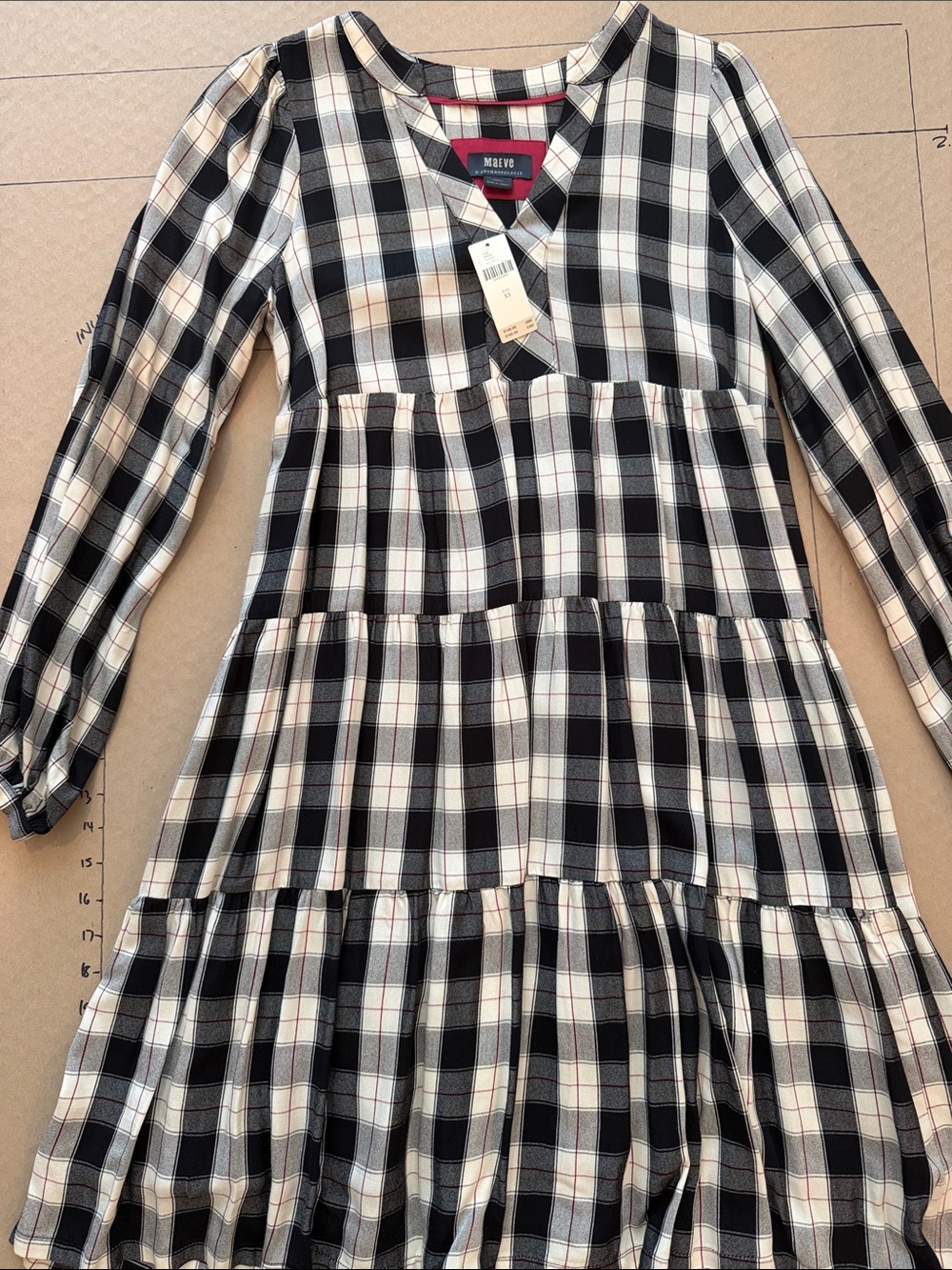 Maeve Black, White & Cream Plaid Tiered women’s Dress Anthropology, extra small